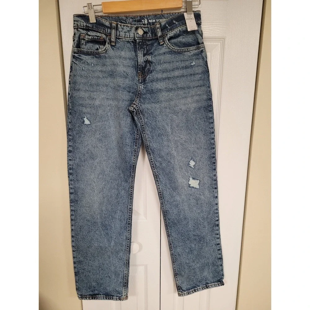 GAP Girls Distressed‎ Denim Jeans 30X29 Stone Wash Adjustable Waist Size 18 NWT